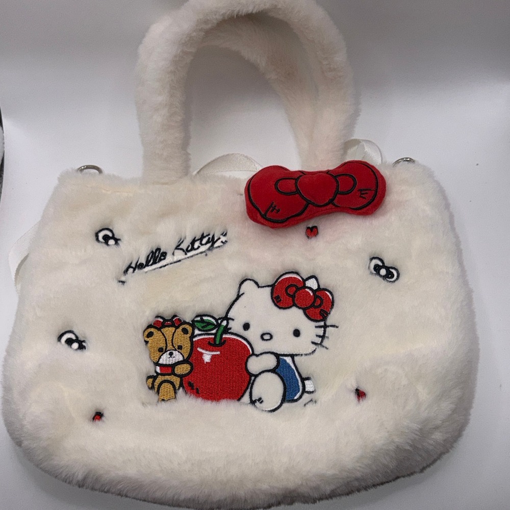 Hello Kitty Tiny Chum White Faux Fur Plush Kawaii Y2K Crossbody Bag Handbag